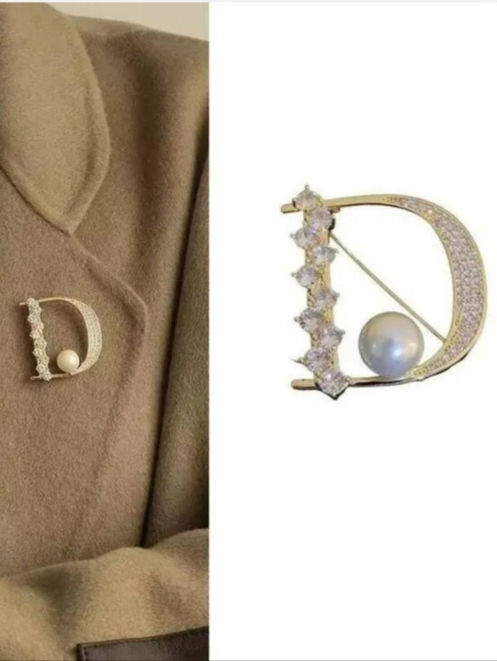 Fashion Jewelry Gold and Pearl 'D' Letter Brooch with Crystal Accents